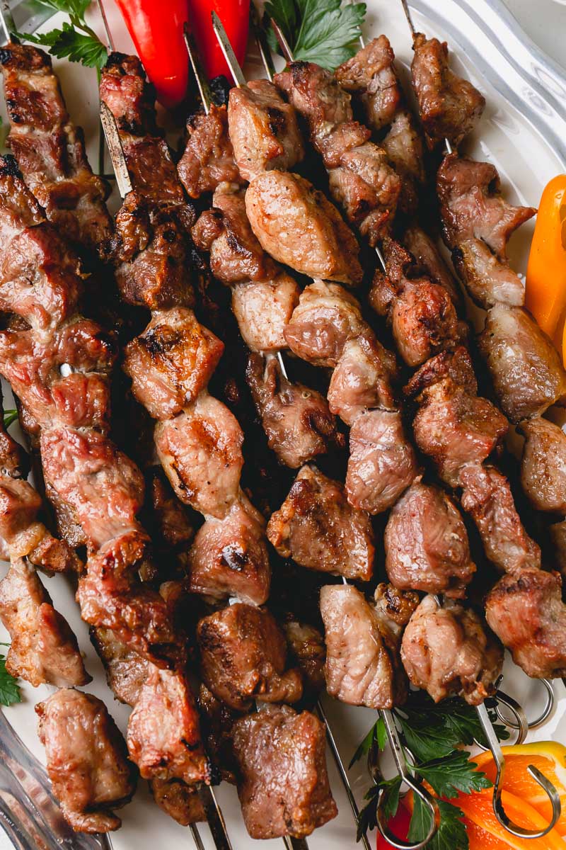 Shashlik or shashlyk (meaning skewered meat) was originally made of lamb.  Nowadays it is also made of pork or beef depending on local preferences and  Stock Photo - Alamy